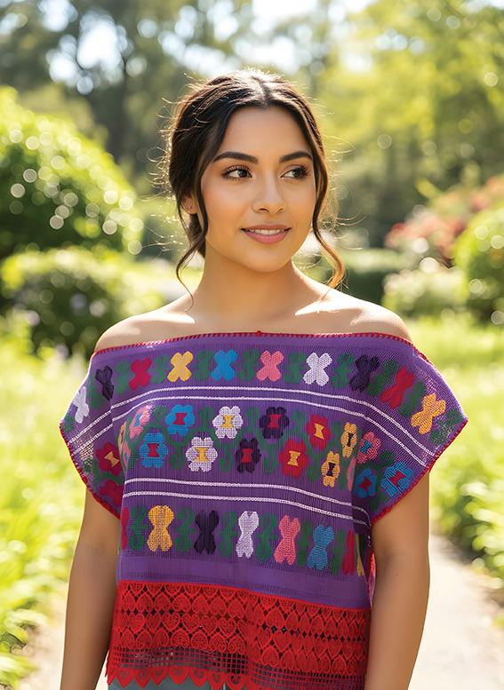 Blusa artesanal de Hilos de Identidad con telar de cintura técnica tradicional e iconografia de Flor de calabaza